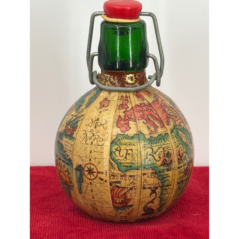 Vintage Old World Globe Map Decoupage Green Glass Swing Top Bottle Decanter